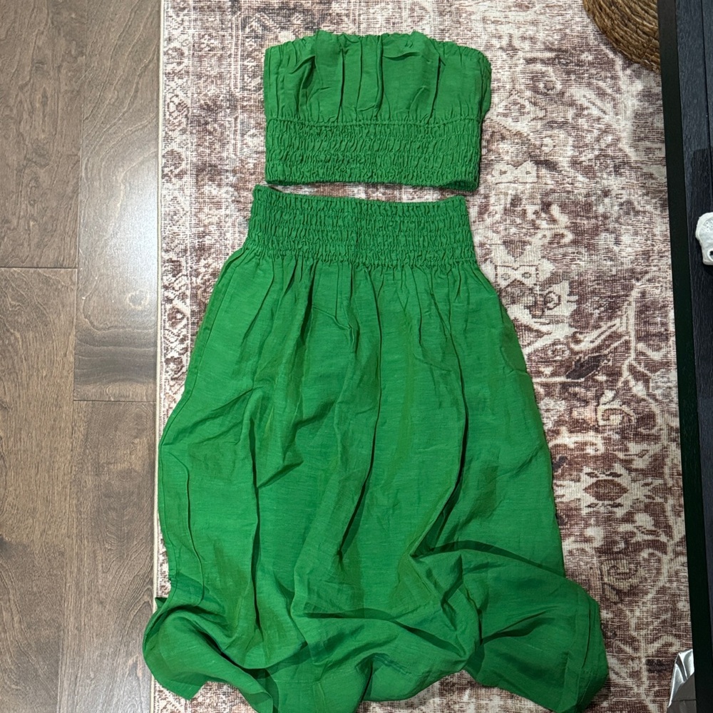 & Other Stories Green Two-Piece Smocked Crop Top and Skirt